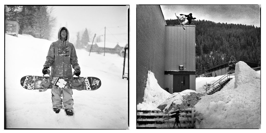 Nils Arvidsson, air to fakie wallride. Diptych from scanned negatives. From serial work of 2011.