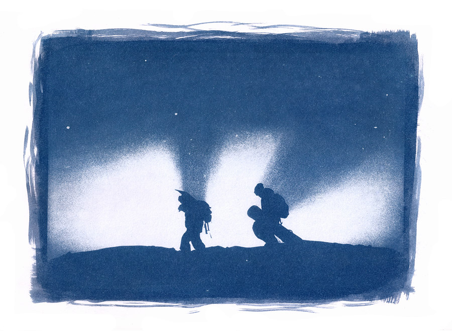 Victor De Le Rue and Janne Lipsanen, hiking through thin clouds at sunrise. Cyanotype print from enlarged negative. From serial work of 2010.