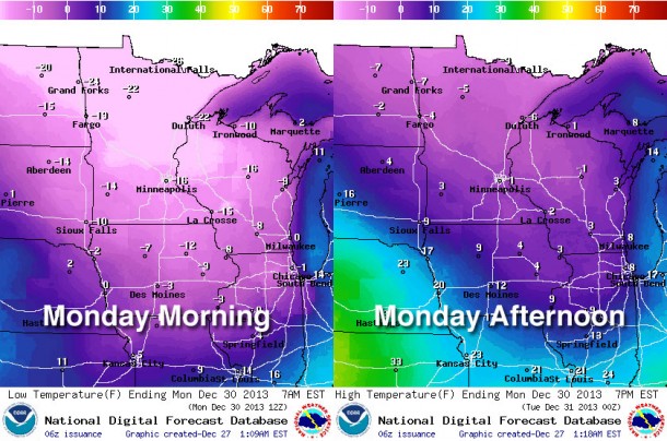 Arctic temps set to hit the midwest on Monday | Graphic courtesy of Opensnow.com