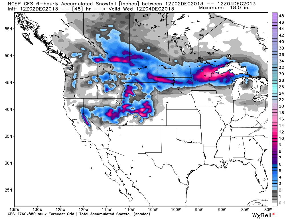 The total snowfall expected through Wednesday the 4th of December | Open Snow
