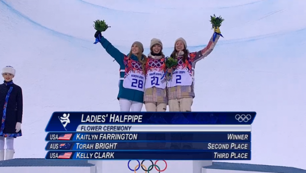 Your 2014 Olympic Halfpipe podium: Kaitlyn Farrington, Torah Bright and Kelly Clark.