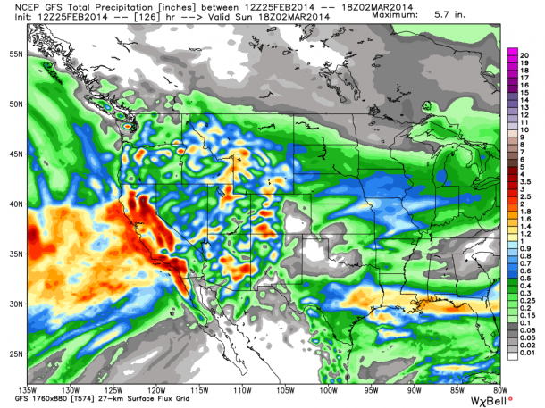 The GFS total precip forecast by Sunday morning | Graphic courtesy of Opensnow.com