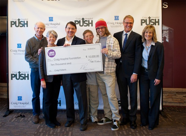 Kevin Pearce presented Colorado’s Craig Hospital with the first donation from the Kevin Pearce Fund at a press conference on Friday.  L-R:  Simon Pearce, Pia Pearce, Craig Hospital CEO Mike Fordyce, David Pearce, Kevin Pearce, Craig Hospital Director of Brian Injury Program Dr. Alan Weintraub, Craig Hospital Foundation Executive Director Mary Feller.