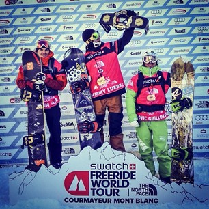 Sammy Luebke, topping the podium in Courmayeur-Mont-Blanc | P: @FreerideWorldTour