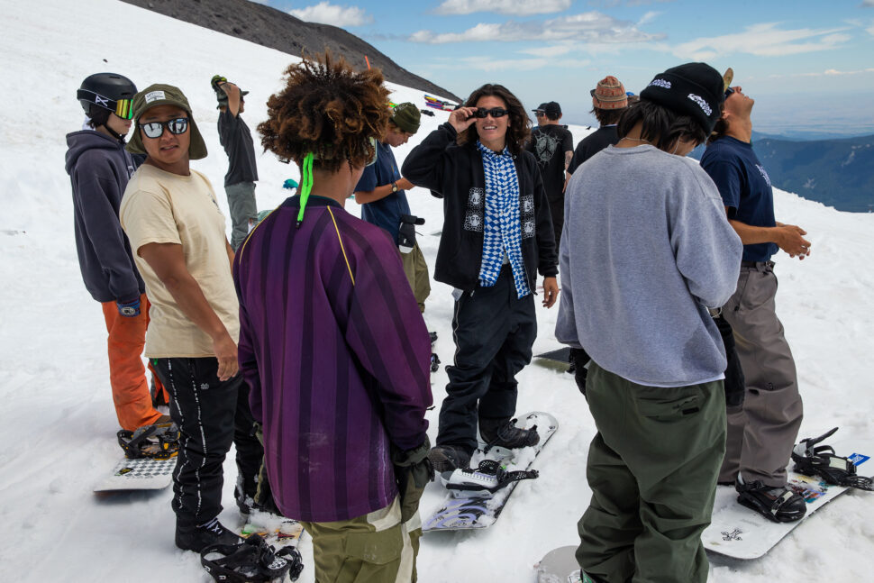 Miles Fallon and snowboarders on Mount Hood