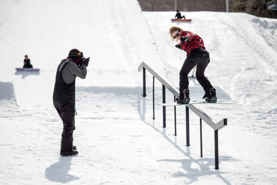 Laura Rogoski snowboarding on a down rail at Big Boulder, PA
