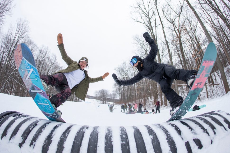 Ashley Giangregorio and Ruby Peyton snowboard at BTBounds Women's Snowboard Camp at Mountain Creek