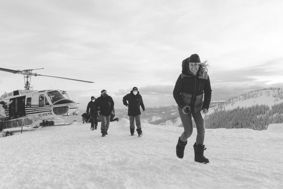Lora Bodmer getting off the heli at Baldface Lodge