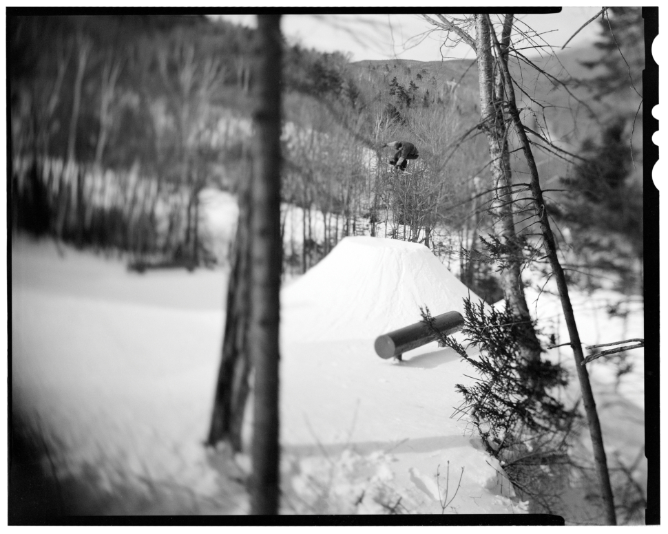 Martin Laesser snowboarding, black and white film photography 